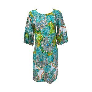 Vintage 70s Handmade Colorful Floral Boho Dress With V-Neck & 3/4 Sleeves